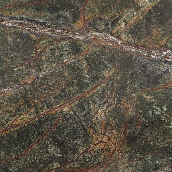 Round marble table top with green, brown, and beige veining patterns. It is placed against a plain, light grey background.