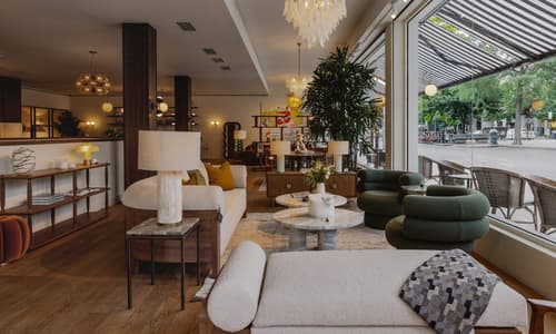 A cozy, modern showroom displays furniture, including sofas, lamps, and tables, with large glass windows revealing an outdoor patio and street view, adorned with plants and stylish decor elements.