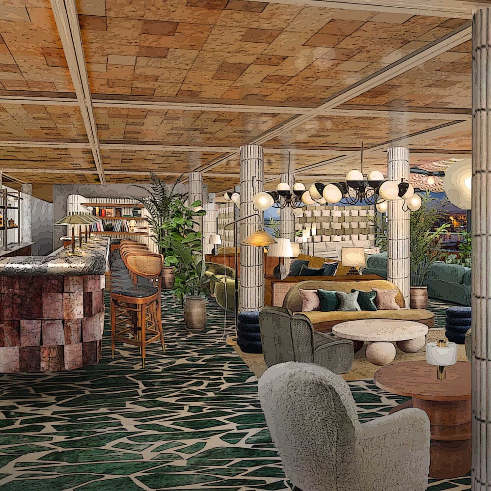 A well-lit, modern bar with various bottles on the shelves, marble countertops, cushioned seating, and decorative lamps sits in a spacious, stylishly decorated lounge with cityscape views in the background.