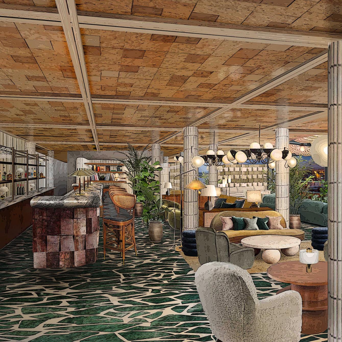 A stylish bar and lounge area features a well-stocked bar with stools, comfortable seating including sofas and armchairs, lush greenery, and panoramic city views through large windows, providing a luxurious ambience.