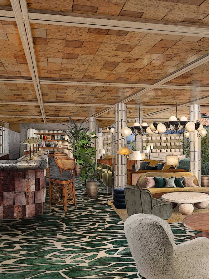 A stylish bar and lounge area features a well-stocked bar with stools, comfortable seating including sofas and armchairs, lush greenery, and panoramic city views through large windows, providing a luxurious ambience.