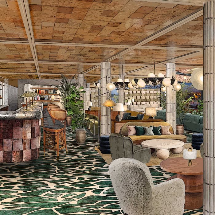 Luxurious bar with marble countertops and wooden stools, situated in a spacious, warmly lit lounge featuring plush seating, eclectic decor, potted plants, and large windows offering a city skyline view.