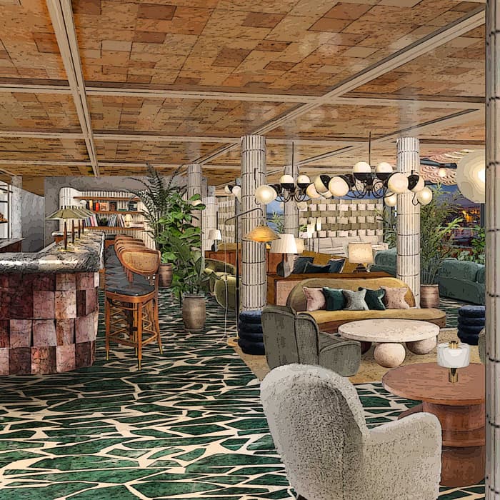Bar featuring a marble counter with stools in a modern, stylish lounge. The area includes cozy chairs, tables, ambient lighting, and lush indoor plants, set within a cityscape view backdrop.